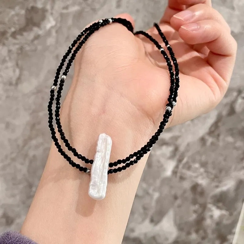 Collana lunga vintage con perle e cristalli neri per clavicola, regalo di Natale o compleanno.