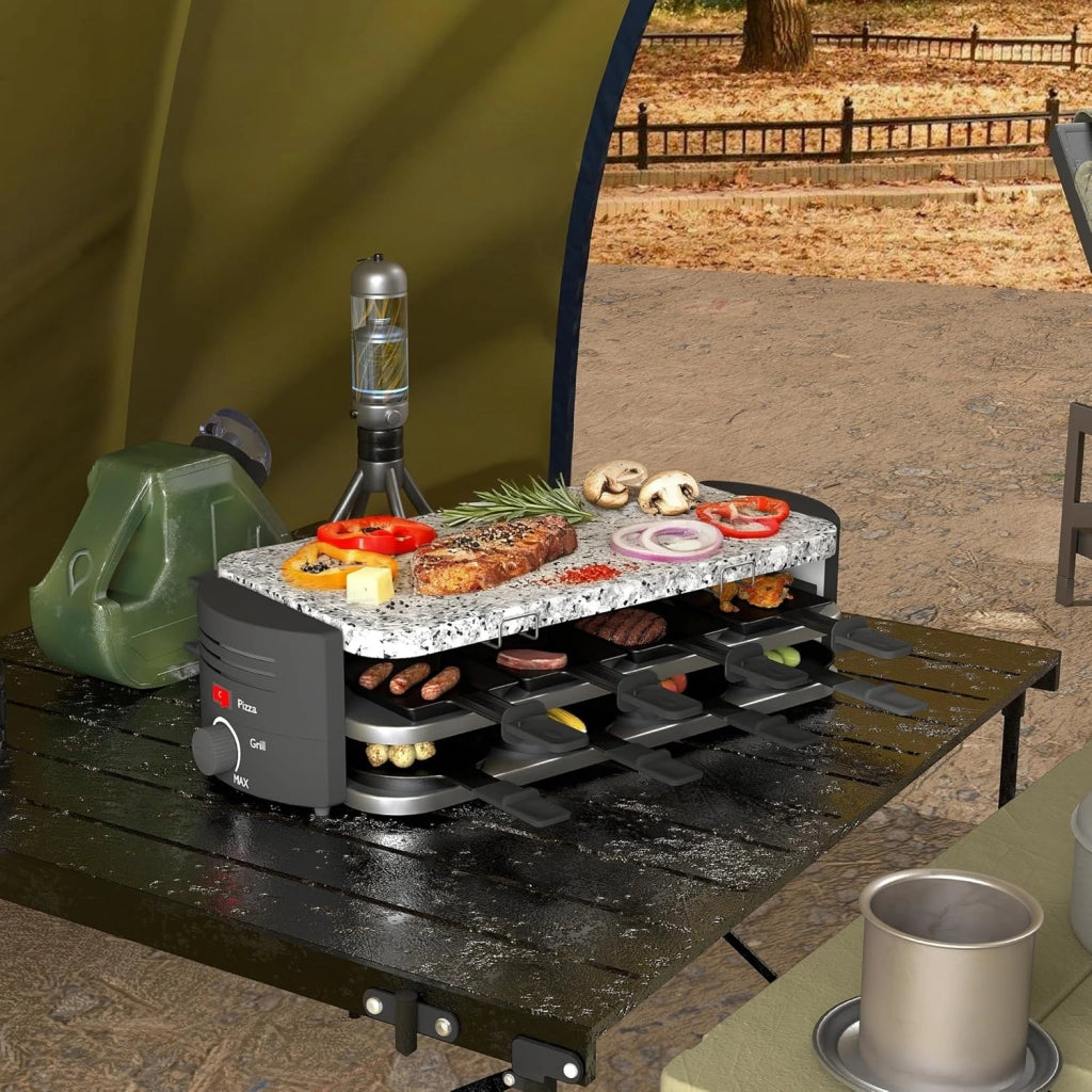 Raclette - Griglia per raclette per 8 persone, 1600 W, con 14 padelle, piastra in granito e piastra antiaderente, griglia elettrica da tavolo, per feste, griglia elettrica, regolazione della