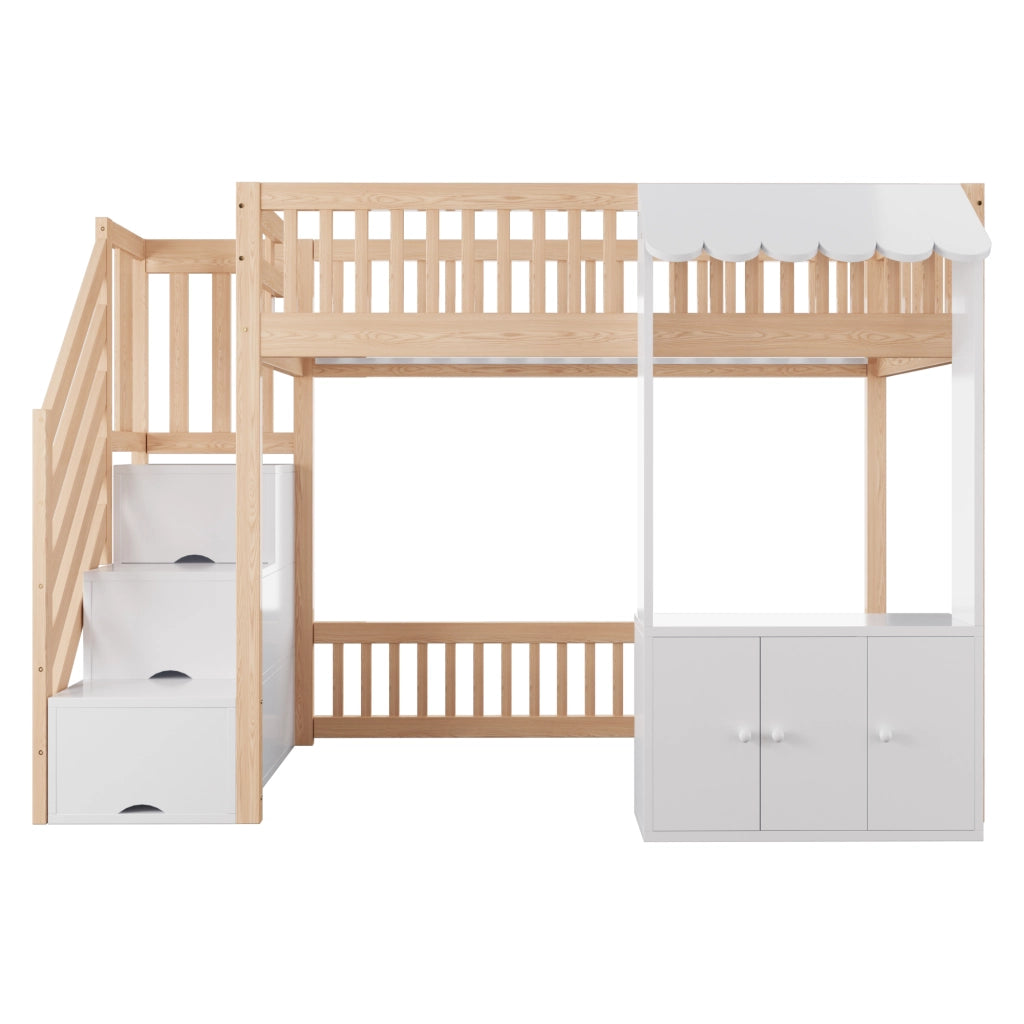 Letto a Soppalco 90x200 cm in Legno con Armadio Contenitore; Scale e Luci LED Multicolore; Design a Capanna