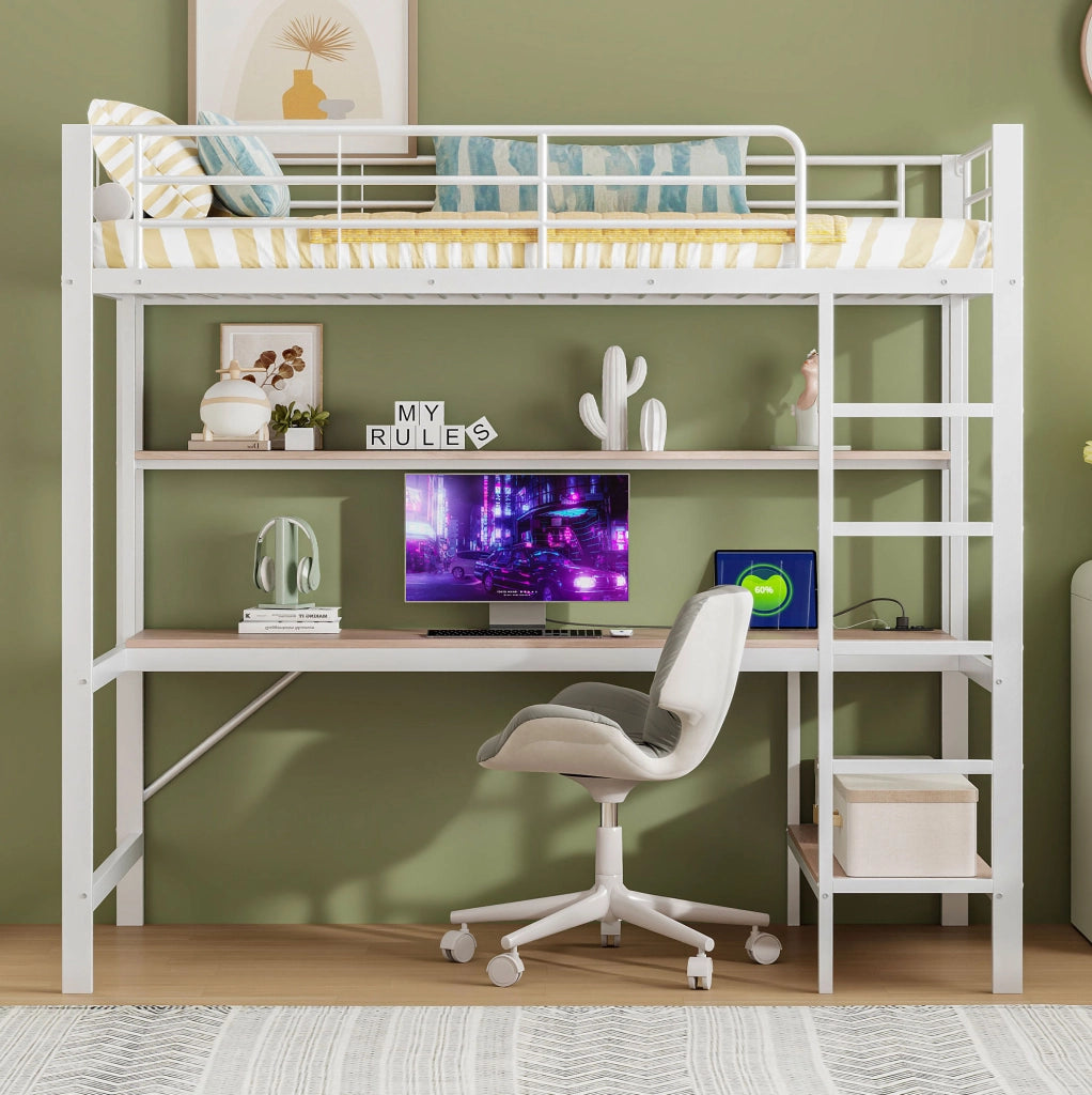 Letto a soppalco 90x200 cm con scrivania, LED e USB