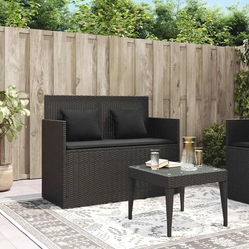 Panca da Giardino con Cuscini-Sgabello-Panca da esterno Nera in Polyrattan 540942