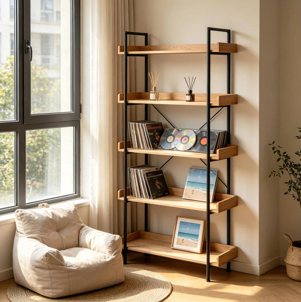 Libreria a 5 ripiani in MDF e metallo, rovere chiaro e nero