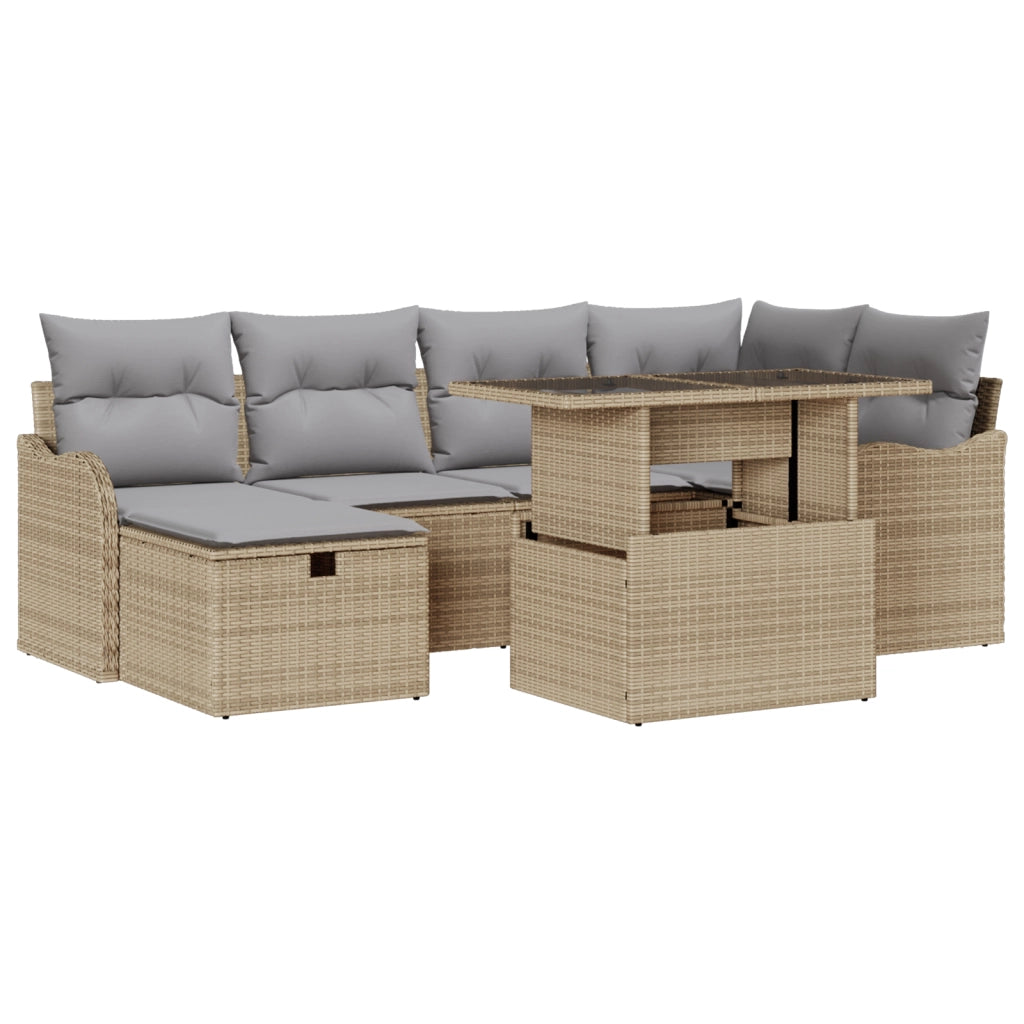 Set Divano da Giardino 7 Pezzi con Cuscini Beige Rattan in Polietilene
