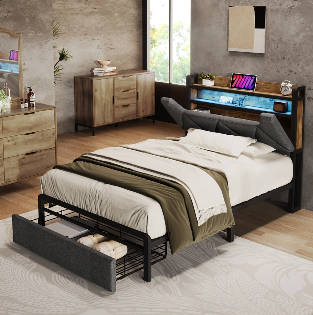 Letto singolo 90x200 cm con LED; USB C e testiera contenitore con cassetto; tessuto di lino grigio