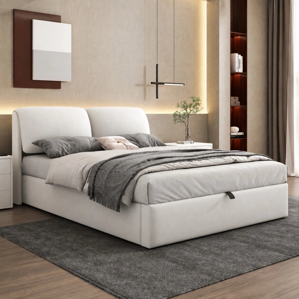 LETTO Contenitore idraulico 140x200 cm in velluto beige, con testiera e 3 cassetti