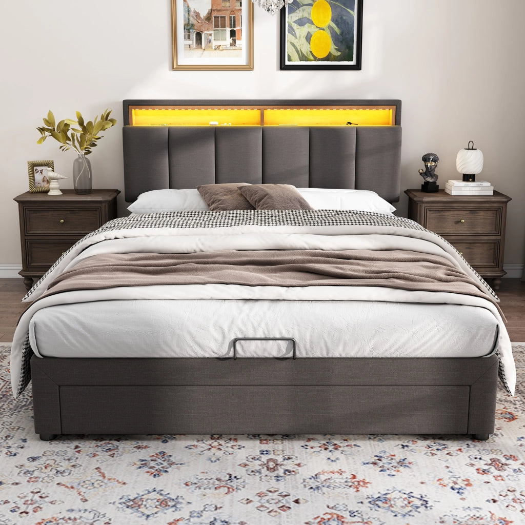 OKWISH Letto Contenitore 140×200 cm, Letto Matrimoniale con LED Regolabile, Vano Contenitore e Cassetti e Scomparti, senza Materasso, Lino, Grigio