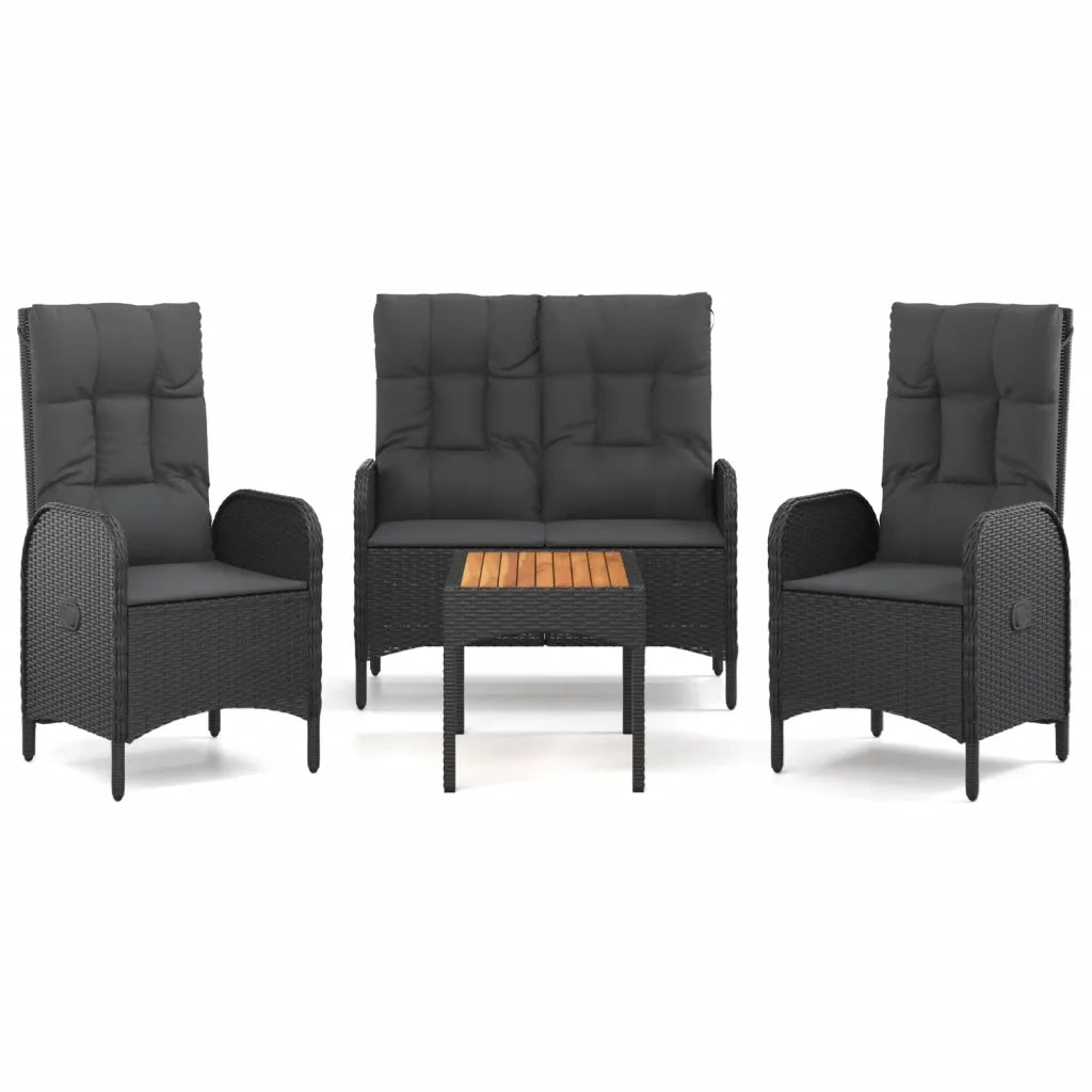 Set da Pranzo da Giardino 4 pz con Cuscini Nero in Polyrattan
