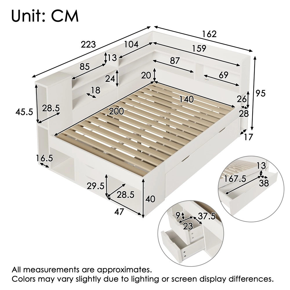 Letto Contenitore 140x200 con LED, USB, Cassetti e Rete a Doghe ¨C Xylo ¨C Bianco, con Materasso