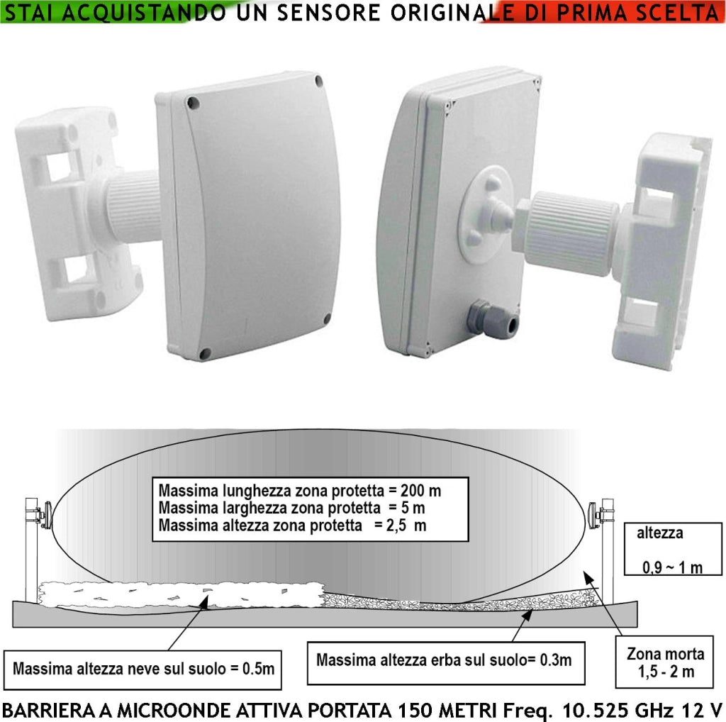 Sensore di Movimento da Esterno Barriera Microonde Attive Segnala Allarme Intruso Protezione Lineare da Esterno Portata Max L150X∅4 Metri Collegamento Antifurto Via Filo Aliment. 12 V Freq. 10.525 GHz