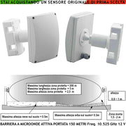 Sensore di Movimento da Esterno Barriera Microonde Attive Segnala Allarme Intruso Protezione Lineare da Esterno Portata Max L150X∅4 Metri Collegamento Antifurto Via Filo Aliment. 12 V Freq. 10.525 GHz