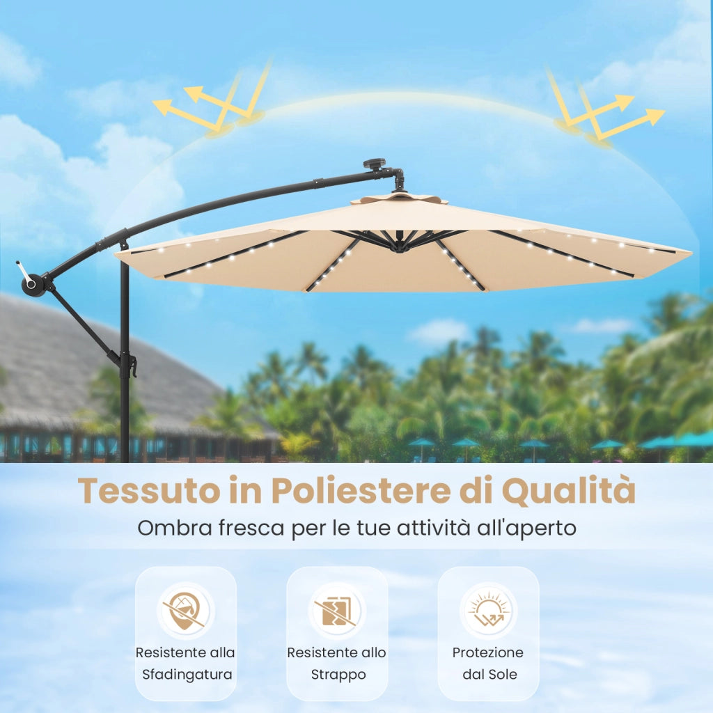 Ombrellone da 300 cm con supporto e luci LED, ombrellone a braccio con manovella, ombrellone da giardino, protezione UV, ombrellone da mercato, ombrellone da patio per giardino, piscina, terrazzo, beige