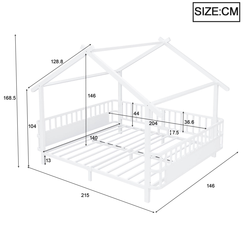 Letto a casetta 140x200 cm con sponde di sicurezza in metallo bianco