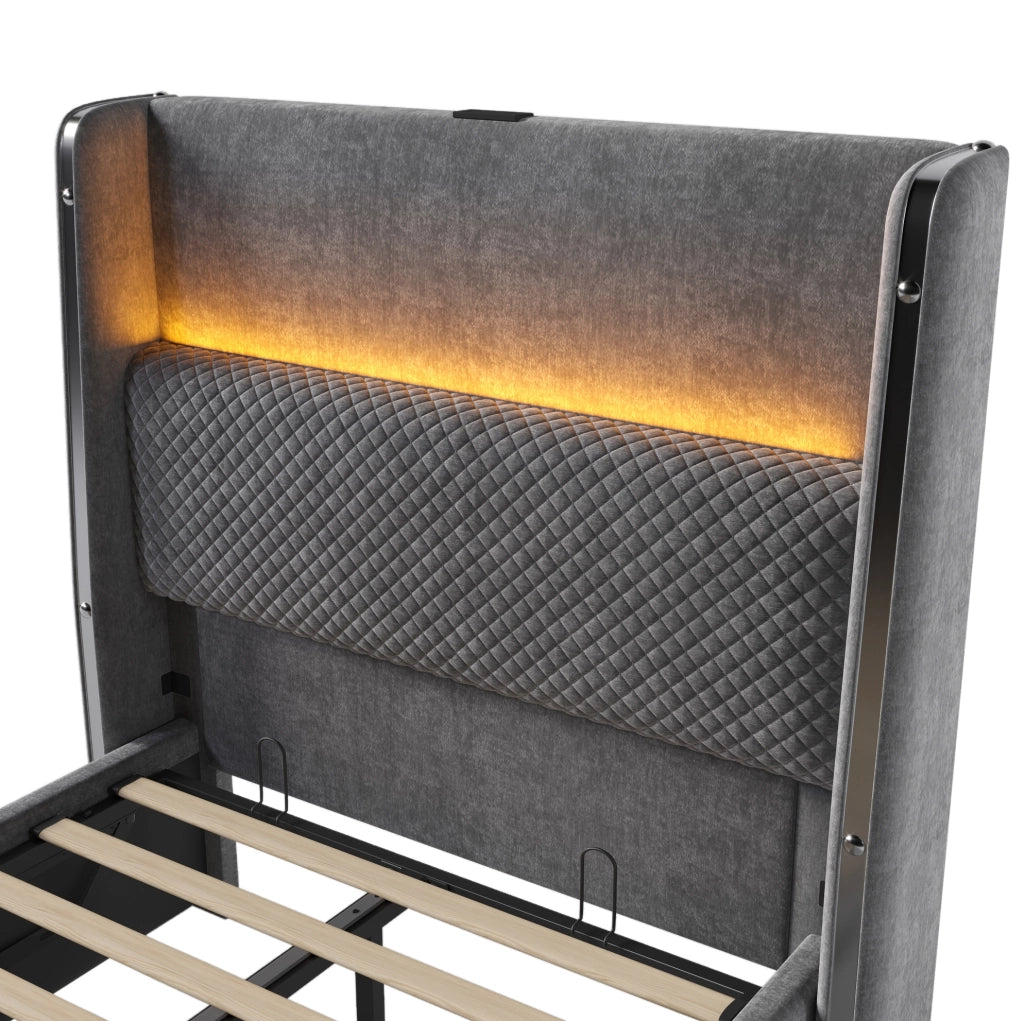 Letto idraulico con testiera alta, LED, contenitore, ricarica e materasso