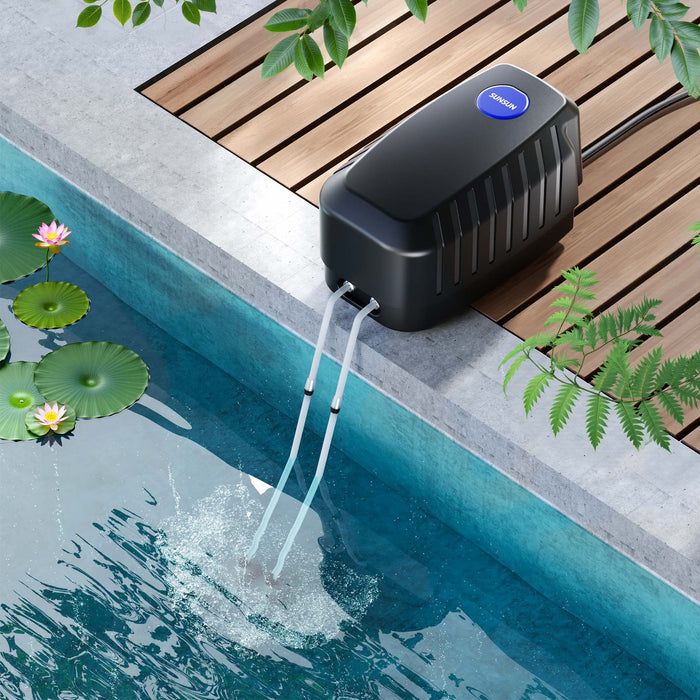 CAP-20 Aeratore acquario 8 W, ossigenatore per laghetti da giardino da 8 m³ e acquari, pompa d'aria 13 l/min con 4 uscite, sistema di aerazione con pietra d'aria e valvola di non ritorno