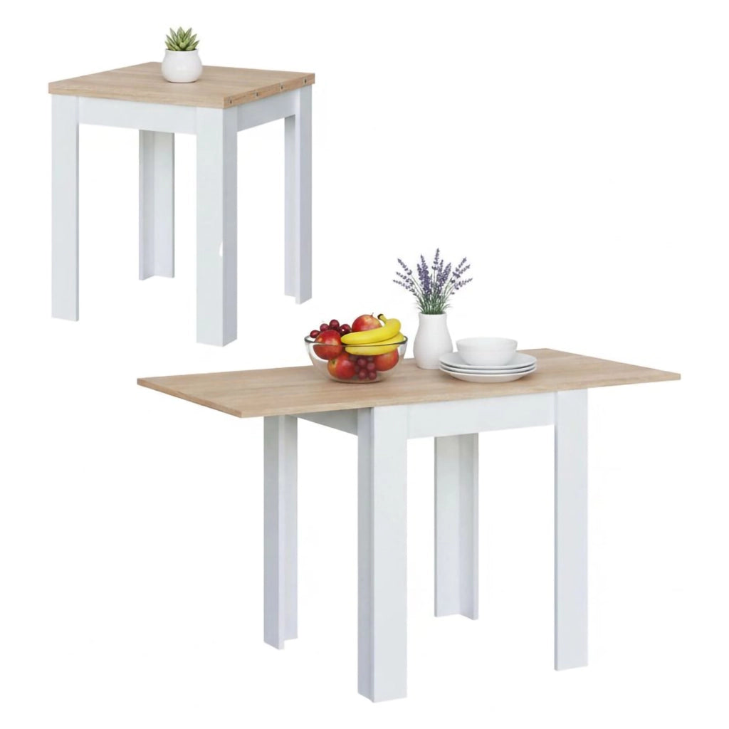 Tavolo allungabile Aratro, Tavolo da pranzo pieghevole apertura a libro, Tavolo ausiliario richiudibile, cm 67x67/135h79, Bianco e Rovere
