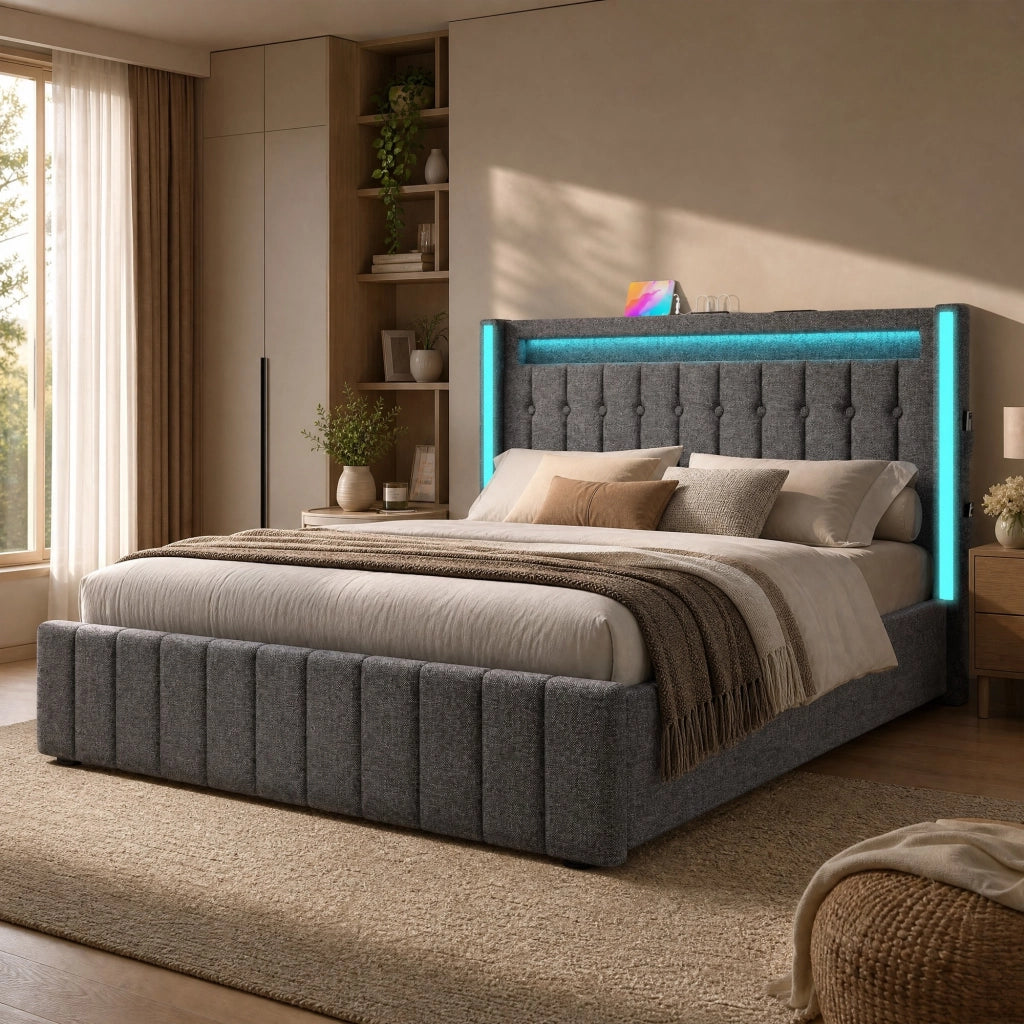 Letto matrimoniale 160x200 in lino grigio con USB Tipo C, LED e 4 cassetti