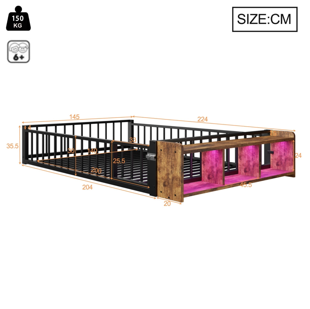 Letto 140x200 cm con vano portaoggetti; LED e sponde in metallo e MDF nero