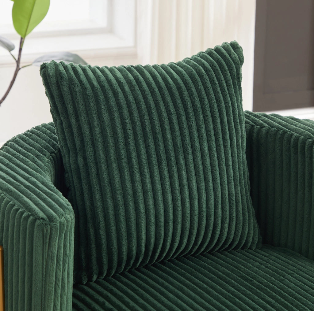 Poltrona girevole 360° in corduroy verde smeraldo con vano contenitore; 76x79x78 cm
