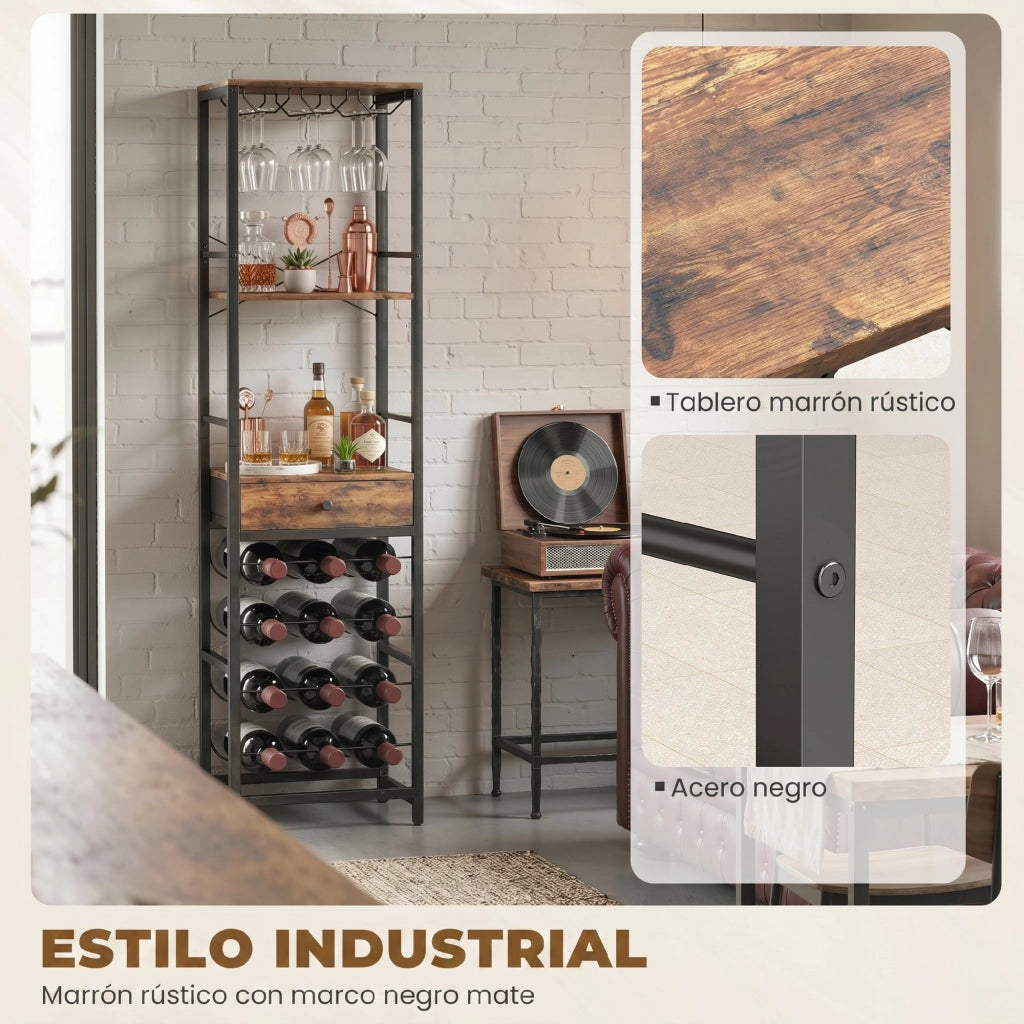 Tavolo da bar con supporto per bicchieri e cassetto per bottiglie ¨C zephmum ¨C marrone rustico