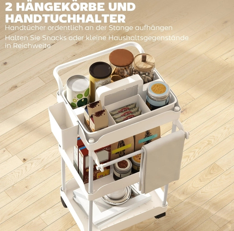 Carrello portatutto con 3 cestelli e portaasciugamani bianco