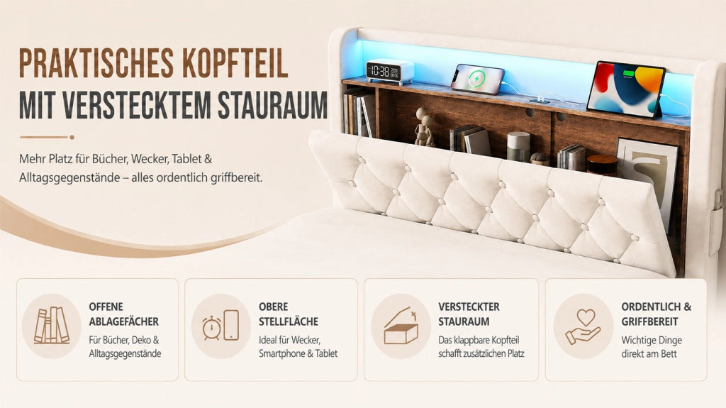 Letto imbottito con contenitore LED e USB 180x200 cm in velluto beige