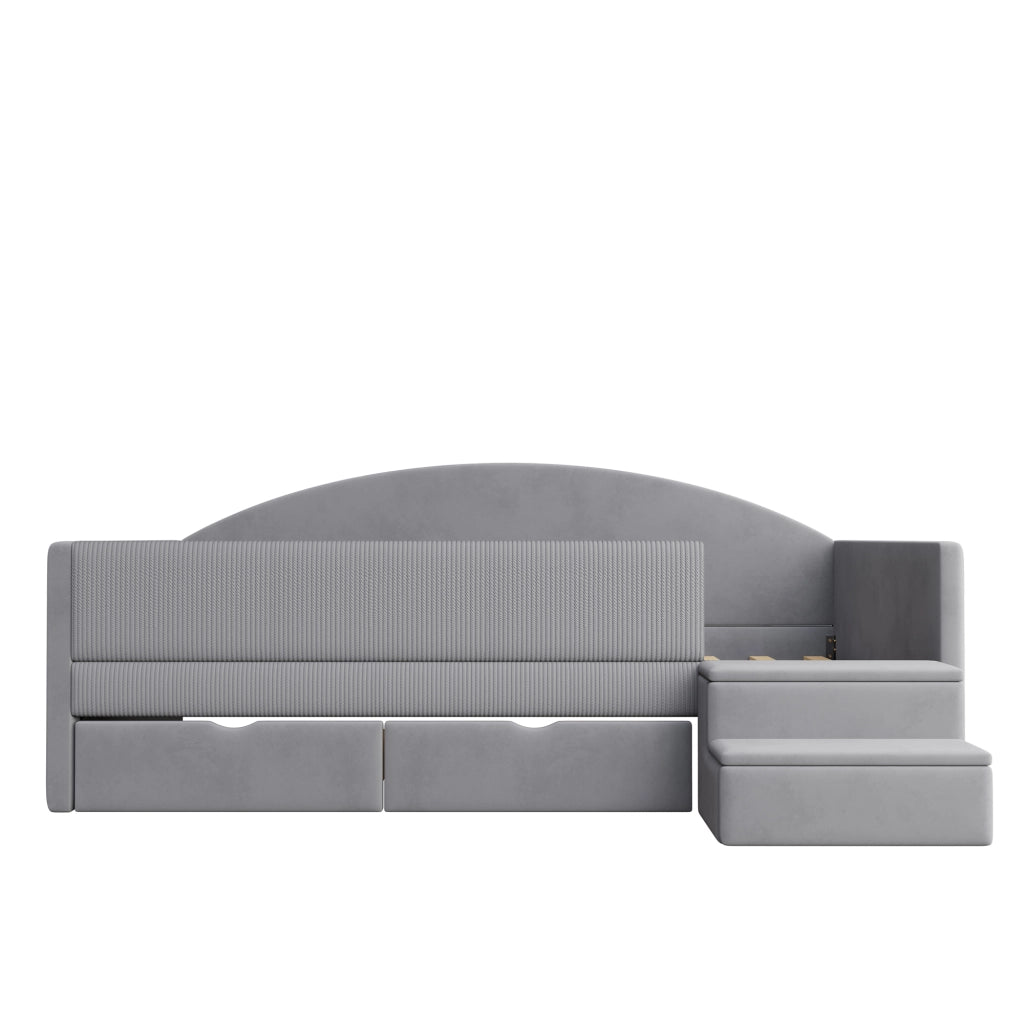 Letto per bambini 90 × 190 cm con 2 cassetti, sponde di sicurezza et gradini, senza materasso, velluto grigio chiaro