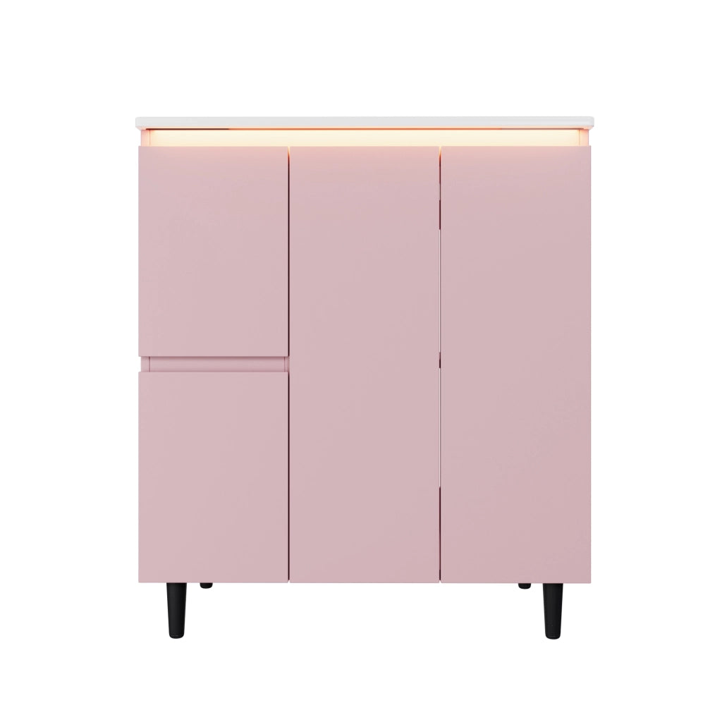 Mobile bagno con 2 cassetti e lavabo integrato; LED e piedini alti per bagno; rosa; 76×47×89 cm