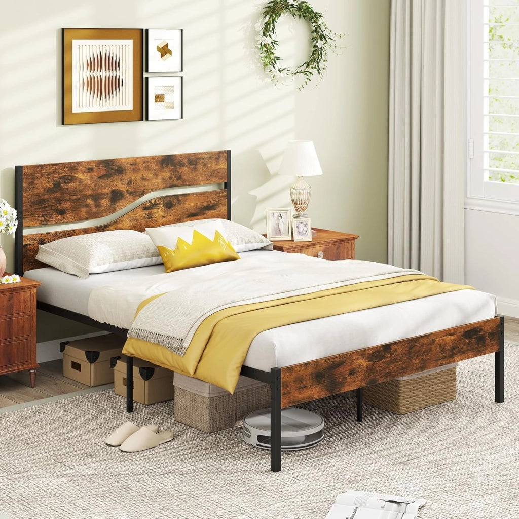 Struttura Letto in Metallo Matrimoniale 200x140 cm, Letto a Piattaforma Industriale con Testiera e Pediera in Legno, Silenzioso, Carico Massimo 360 kg