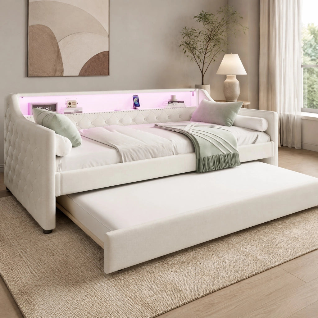 Letto singolo estraibile 90x200 cm con LED e USB beige