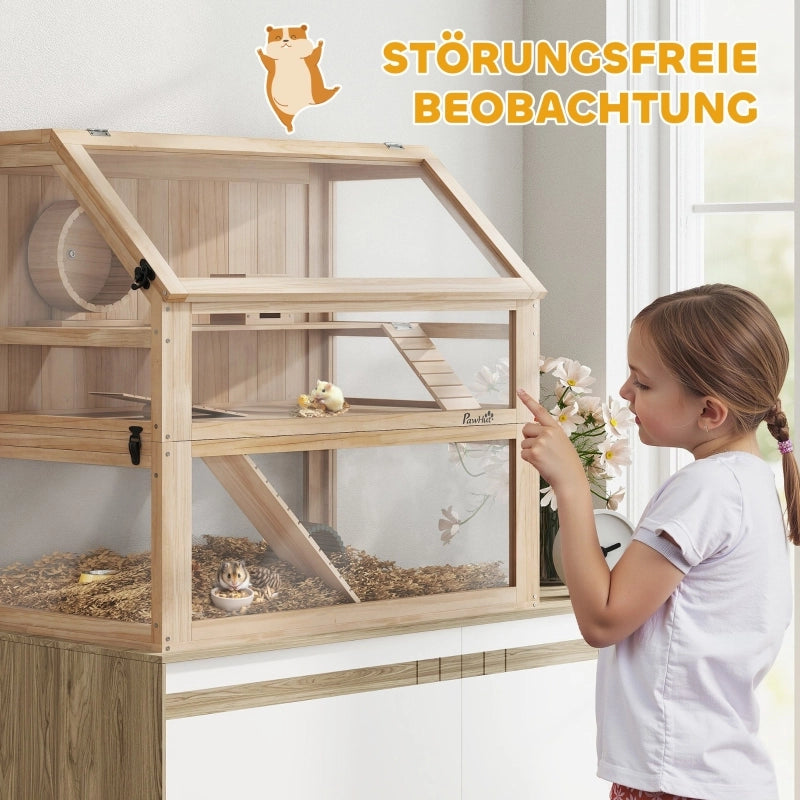 Scaffale a 3 livelli per piccoli animali con accessori, pannelli acrilici e apertura frontale in legno naturale 80 × 50 × 76 cm