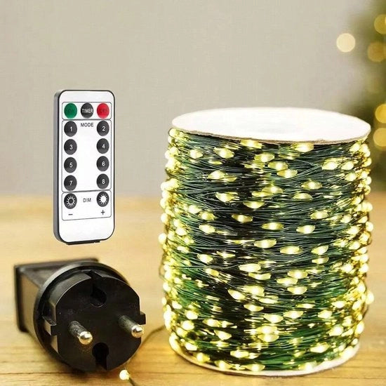 Decorazione di Natale a LED, illuminazione decorativa a LED, filo di rame scuro verde, 50 metri, 500W LED, presa + telecomando, decorazione di Natale acqua resistente per esterni (luce calda).