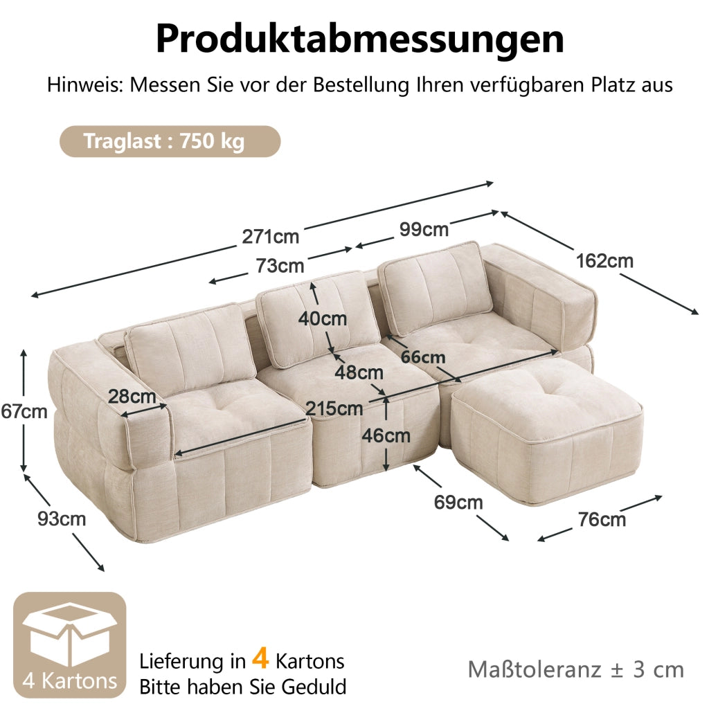 Divano modulare angolare 3 posti con pouf 271x162x67 cm in poliestere beige