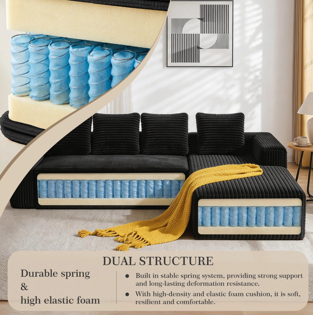 Divano componibile a L con chaise longue reversibile; 2 elementi; velluto a coste nero
