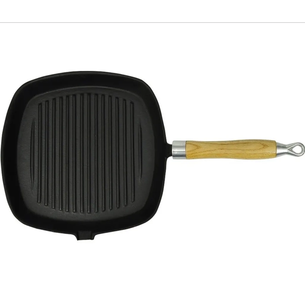 Padella Tegame Griglia in Ghisa con Manico in Legno 20x20 cm 50125