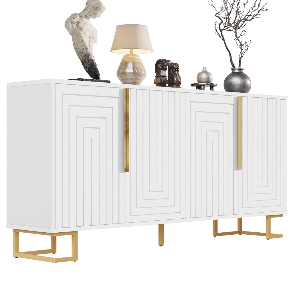 Credenza con 2 Ante e 4 Vani; Piedi in Metallo; Stile Moderno; in MDF; 152??40??75 cm; Bianco