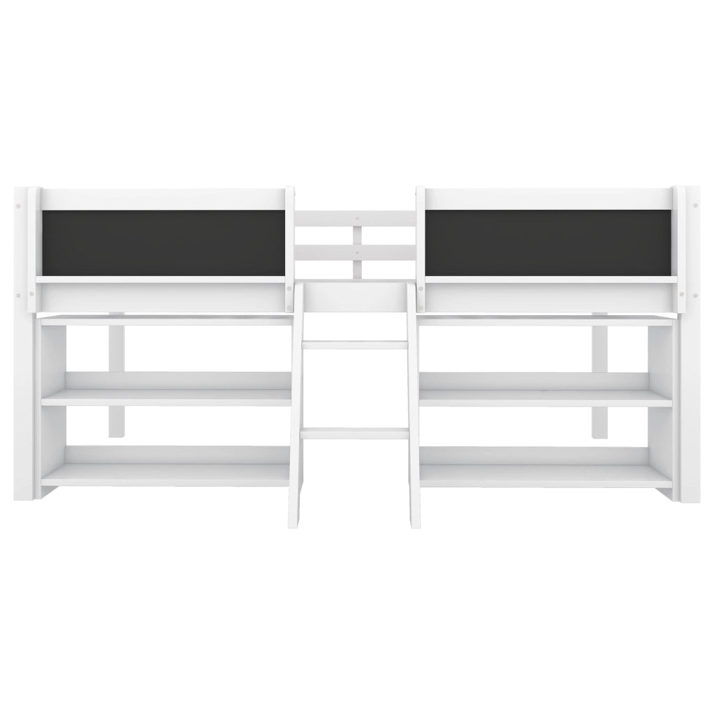 Letto semialto 90x200 cm con ripiani; sponde di sicurezza e scaletta; bianco