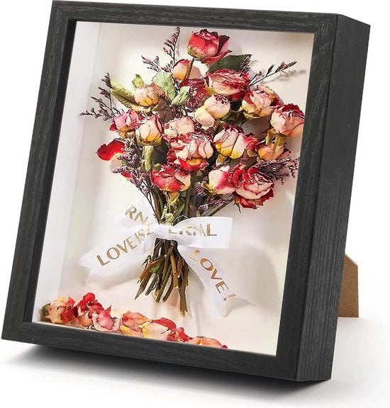 Supporto per Fiori Secchi - Supporto 3D per Foto - Oggetti fino a 3cm - 22×22cm - Scatola Nera Rettilinea - Profondo per Foto e Opere d'Arte - Matrimonio - Fiori