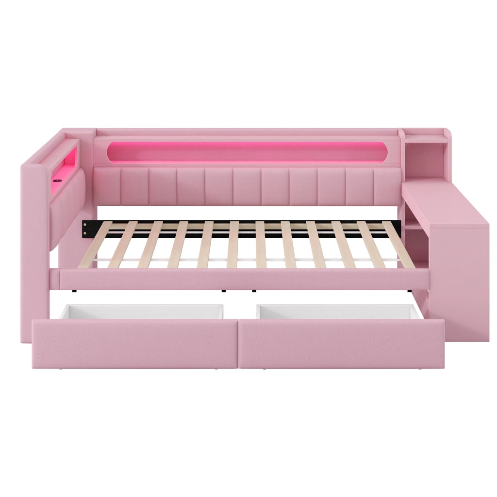 Letto singolo 90x200 con scrivania; cassetti; LED e USB; imbottito rosa
