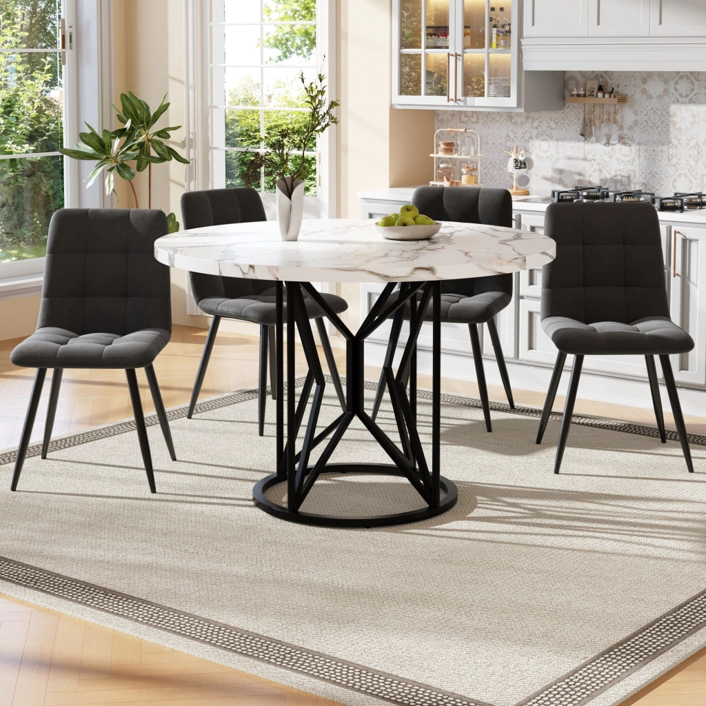 Set da pranzo 100x100x76 cm con 4 sedie; piano effetto marmo in MDF; metallo e velluto nero