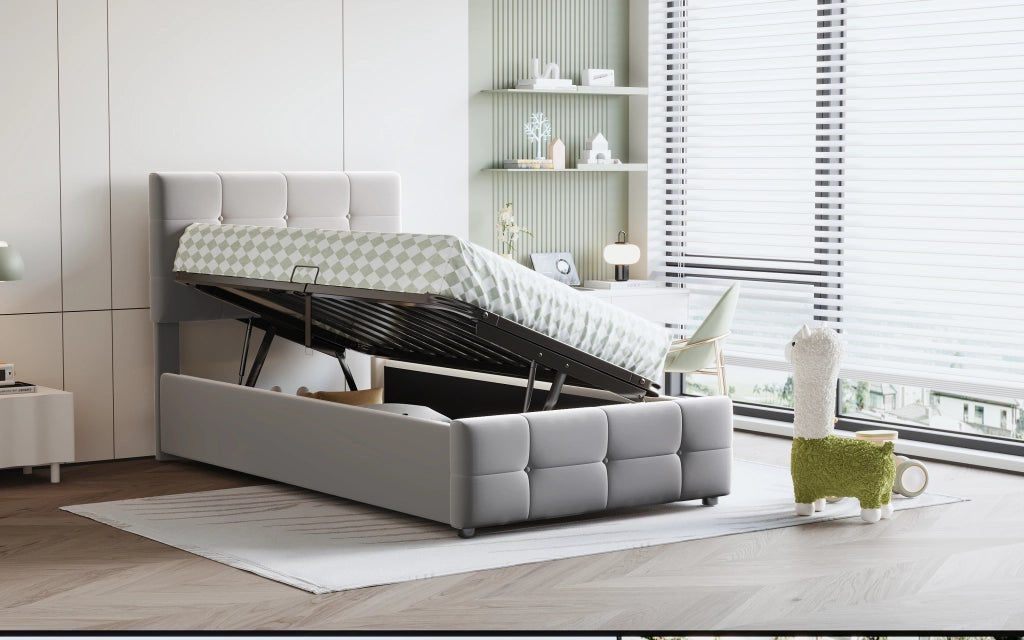 Letto per bambini imbottito con contenitore idraulico e testiera regolabile; velluto grigio; 90x200 cm; senza materasso