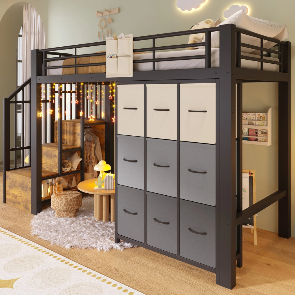 Letto a soppalco 90x200 cm in metallo e MDF nero con cassetti; cabina armadio e scala contenitore