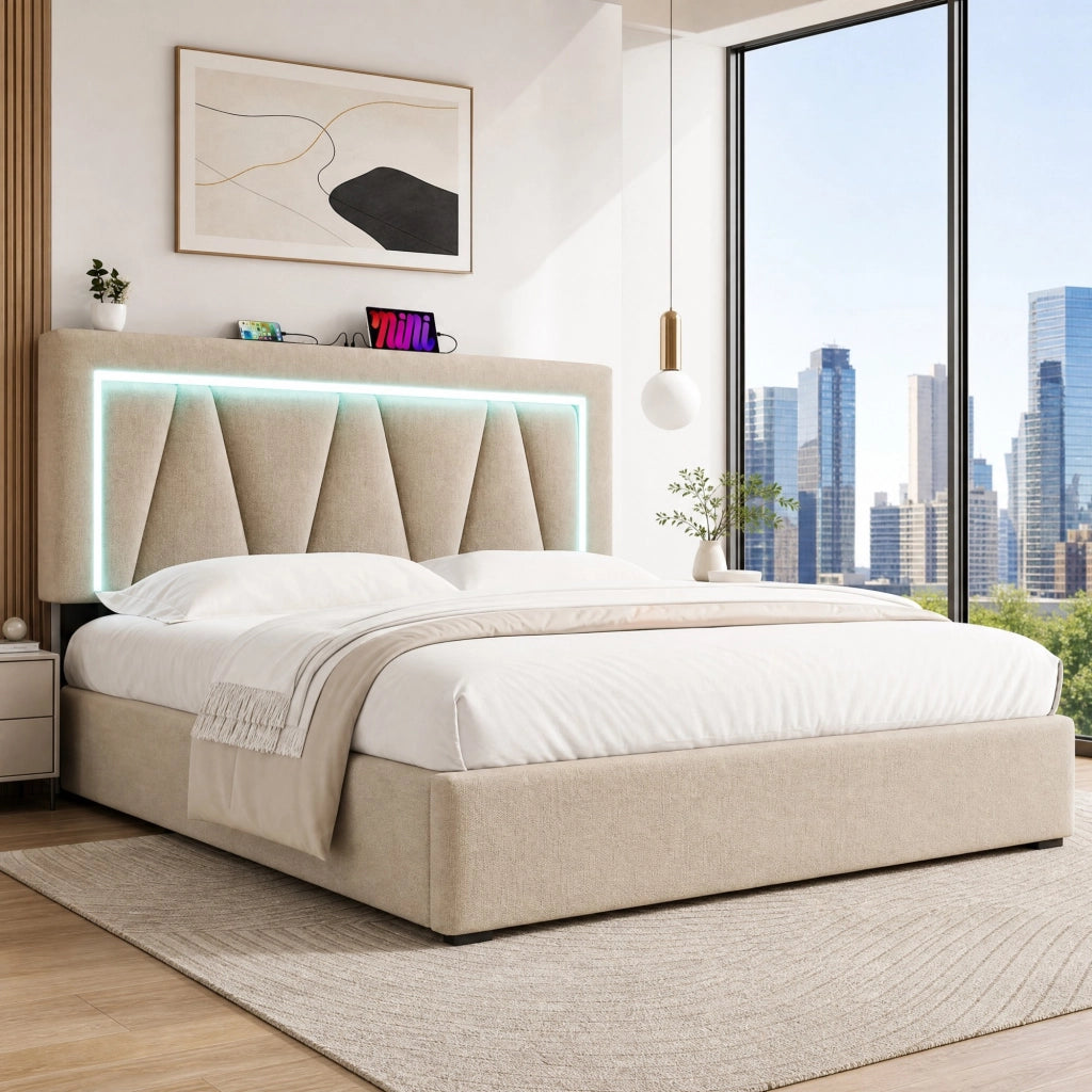 Letto matrimoniale imbottito 160x200 con LED, USB Tipo C, contenitore e materasso incluso