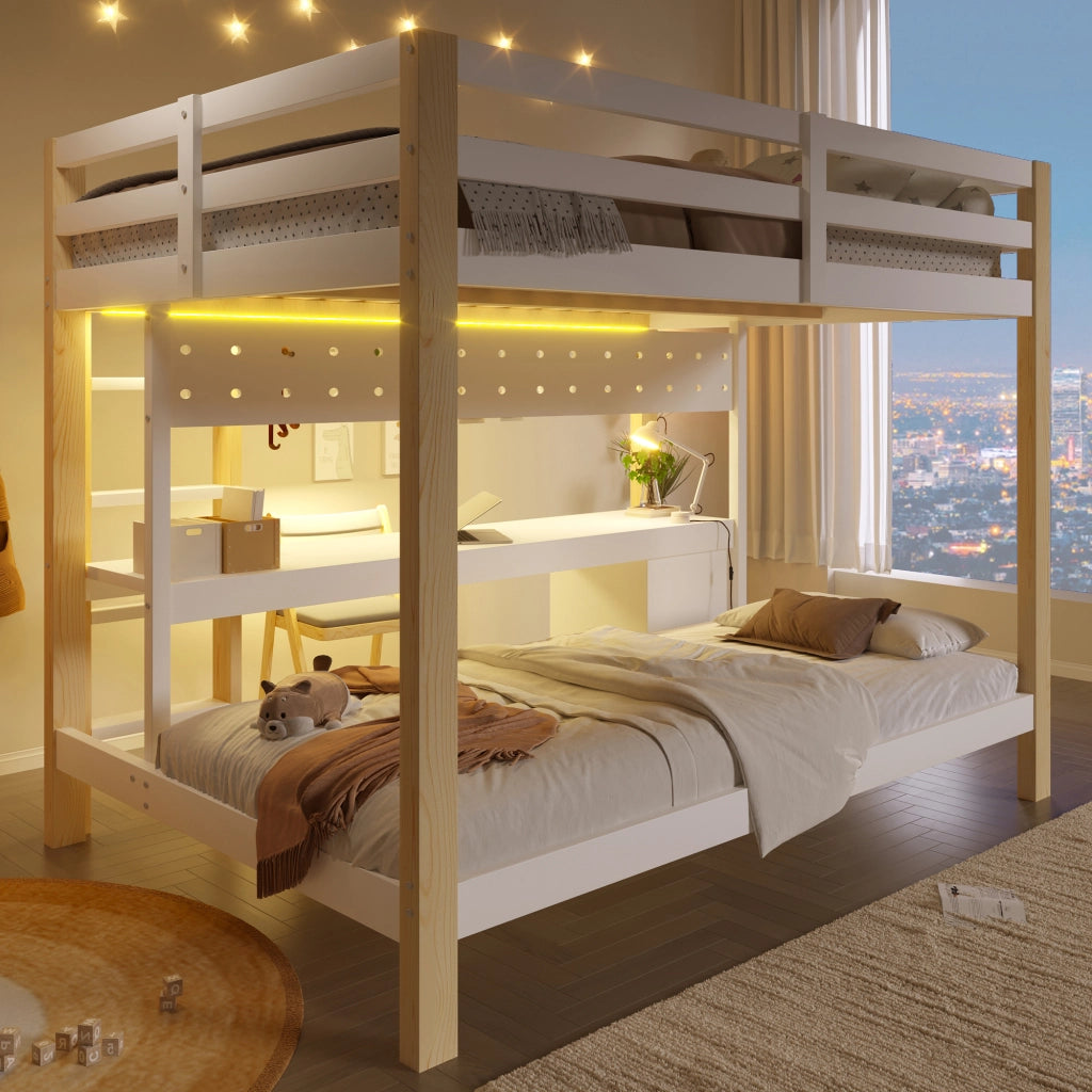 LETTO A CASTELLO 140x200/90x200 cm Pino Bianco e Naturale con cassetti e scrivania