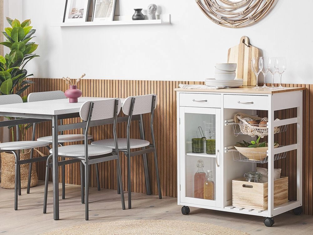 Carrello Cucina Legno Pino Bianco 2 Cassetti 1 Mobiletto 2 Scaffali Ruote Soggiorno