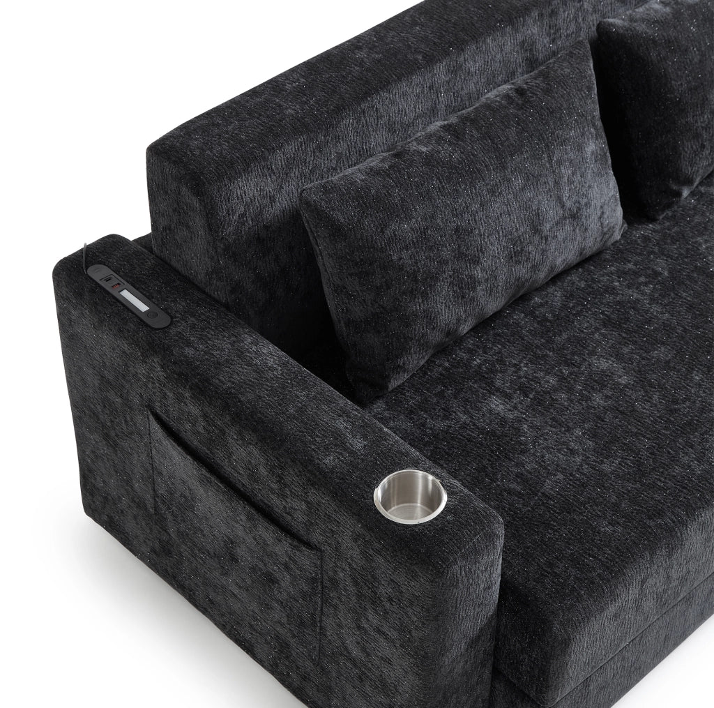 Divano letto 2 posti 80x50x50 cm in ciniglia nero/grigio con USB -