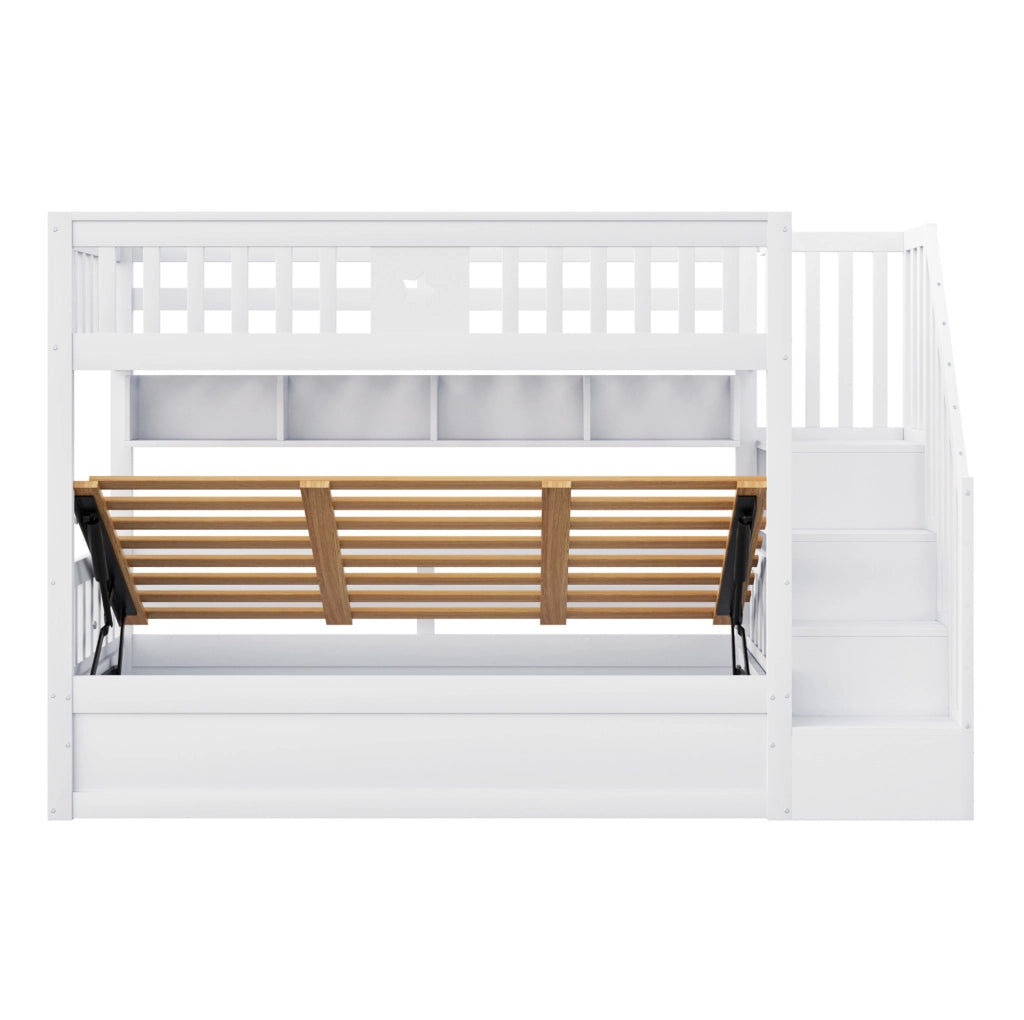 Letto a soppalco 90x200 cm con contenitore idraulico; scala e ripiani; bianco