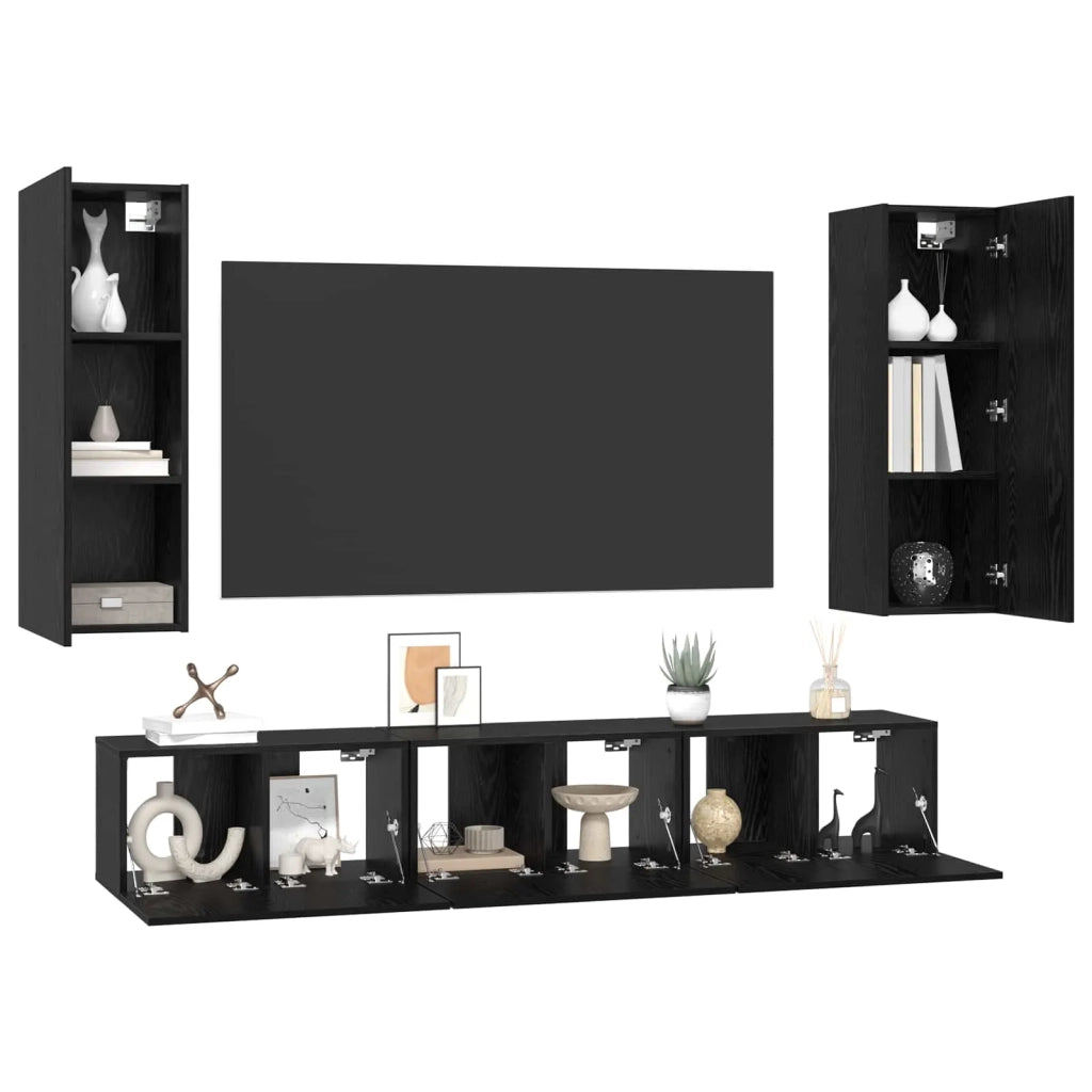 Set mobile TV 5 pz-Credenza per TV Rovere Nero Legno multistrato 696364