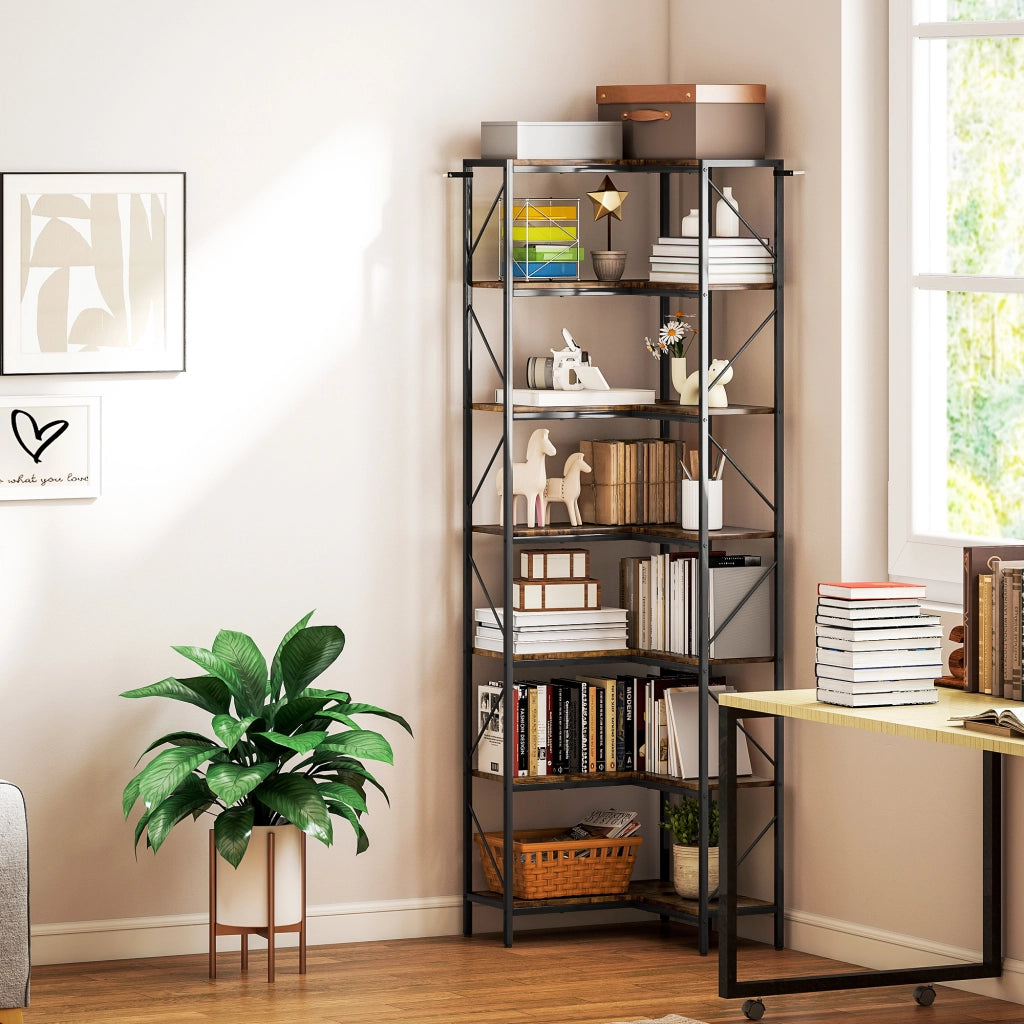 Libreria Angolare Industriale a 7 Livelli, in Legno e Acciaio, 60x60x198 cm, Marrone Rustico