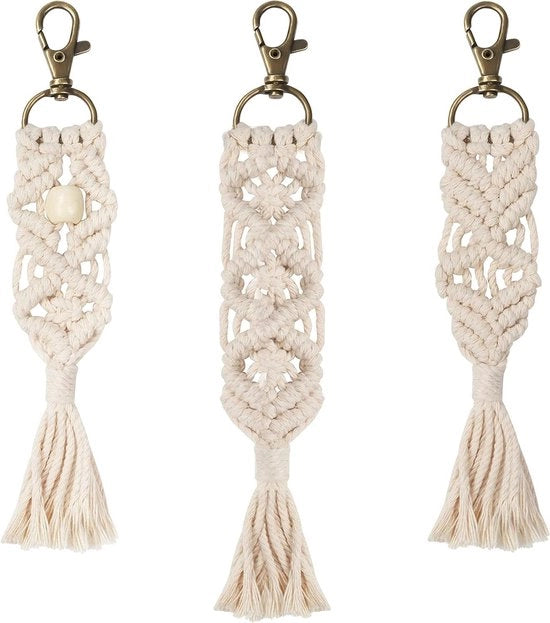 Maniglie da chiave in macramé a mano (3 pezzi) - Stile boho - Frangia per portachiavi - Decorativo per telefono e portafoglio