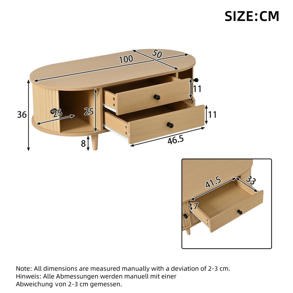 Tavolino da salotto rotondo in effetto legno chiaro con 2 cassetti e ante scorrevoli, 100¡Á50¡Á36 cm, portata fino a 50 kg